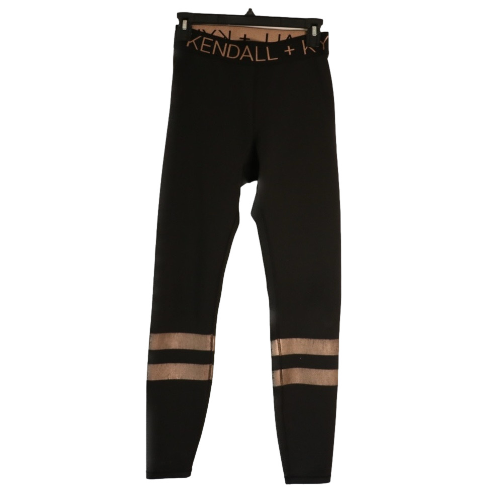 Kendall & Kylie Logo Waistband Striped Gold Black Leggings Size Medium Athletic